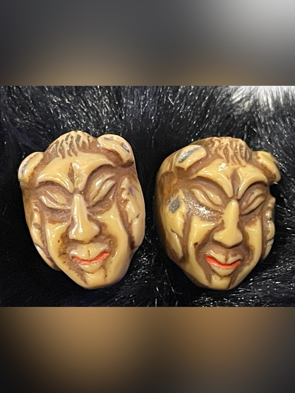 Vintage Face / Mask Japanese? Carved Painted Glossed Focal Beads #8959